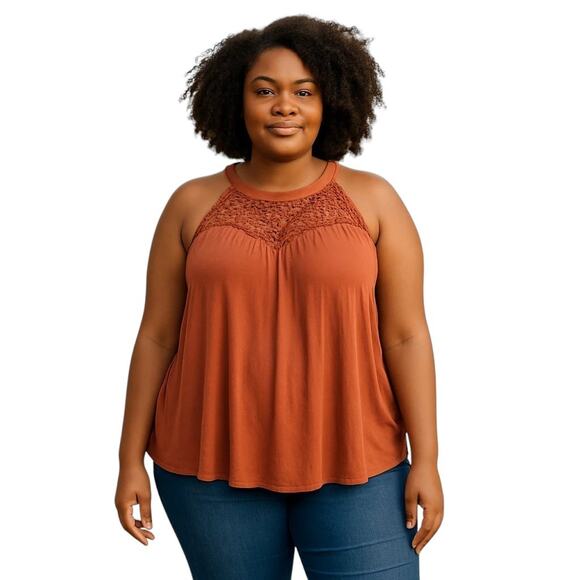 Torrid Crinkle Gauze Crochet Detail Halter Tank Top Womens Plus Size 2X Rust NWT - Picture 1 of 12